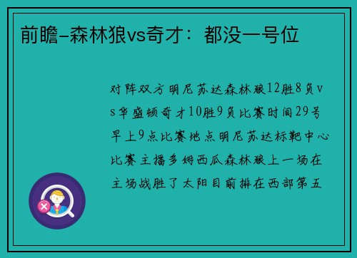 前瞻-森林狼vs奇才：都没一号位
